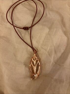 Handcrafted Brown Leather Necklace with White Shell Pendant Wrapped in Copper